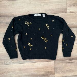 Vintage Karen Scott Black Gold Floral Embroidered Sweater Medium